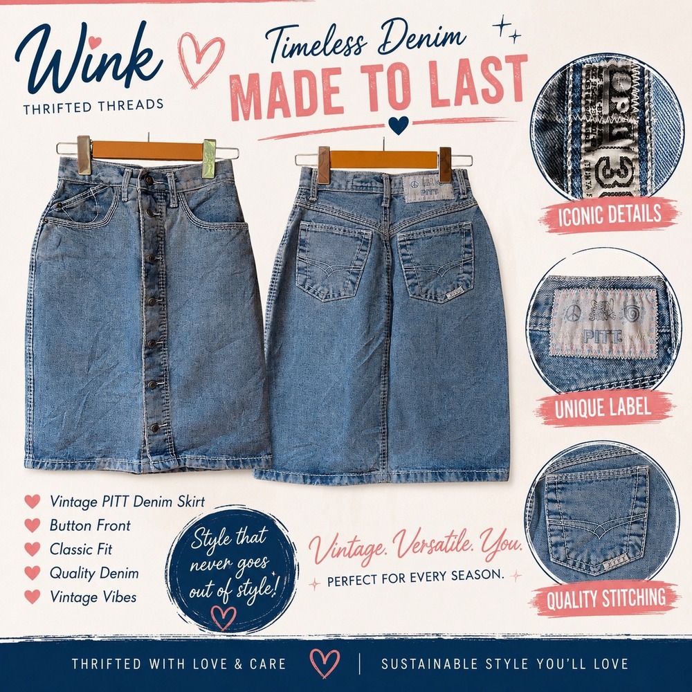 Vintage‎ PITT Denim Skirt Light Wash Button Front High Waist Cotton Size 0
